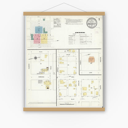 Old map wall art mockup — magnetic wood frame on white wall — Sanborn Fire Insurance Map from Groesbeck, Limestone County, Texas (1911), Sheet #0001