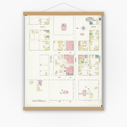 Old map wall art mockup — magnetic wood frame on white wall — Sanborn Fire Insurance Map from Sac City, Sac County, Iowa (1893), Sheet #0002