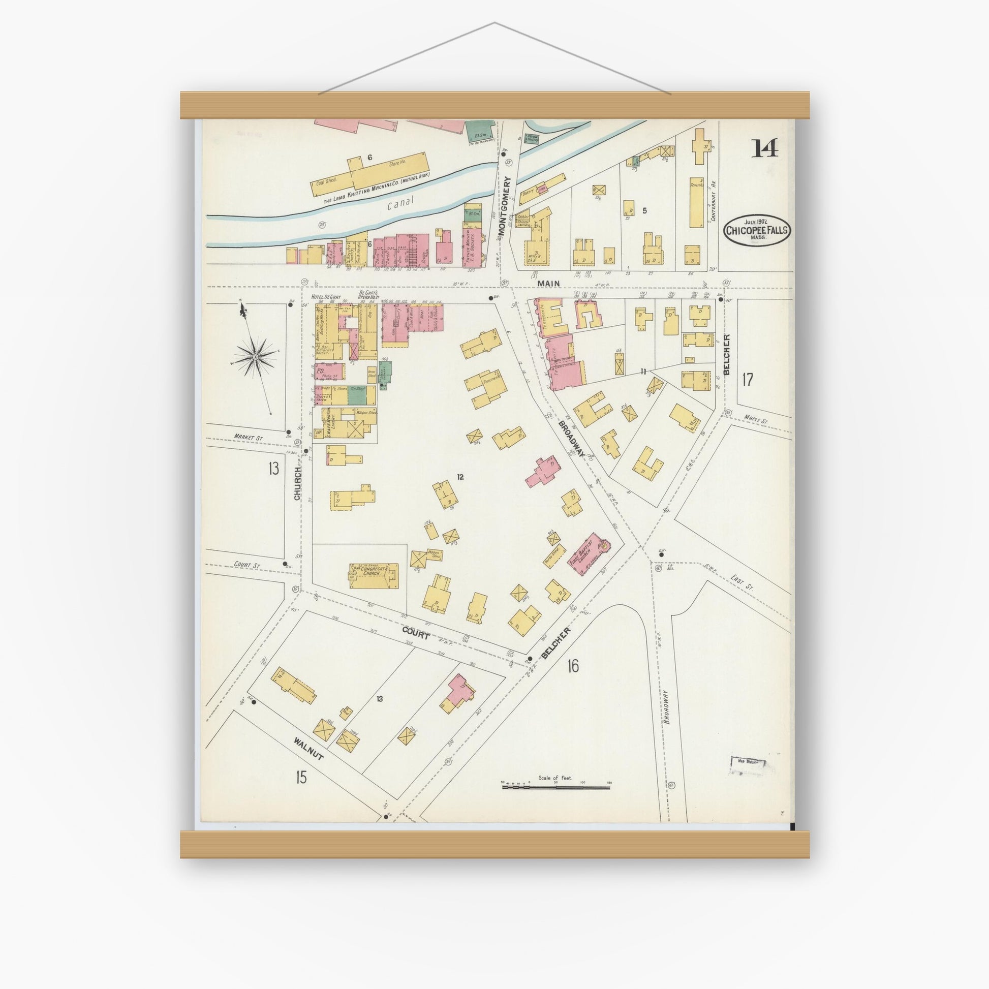 Old map wall art mockup — magnetic wood frame on white wall — Sanborn Fire Insurance Map from Chicopee, Hampden County, Massachusetts (1902), Sheet #0014