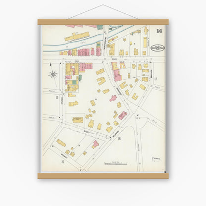 Old map wall art mockup — magnetic wood frame on white wall — Sanborn Fire Insurance Map from Chicopee, Hampden County, Massachusetts (1902), Sheet #0014
