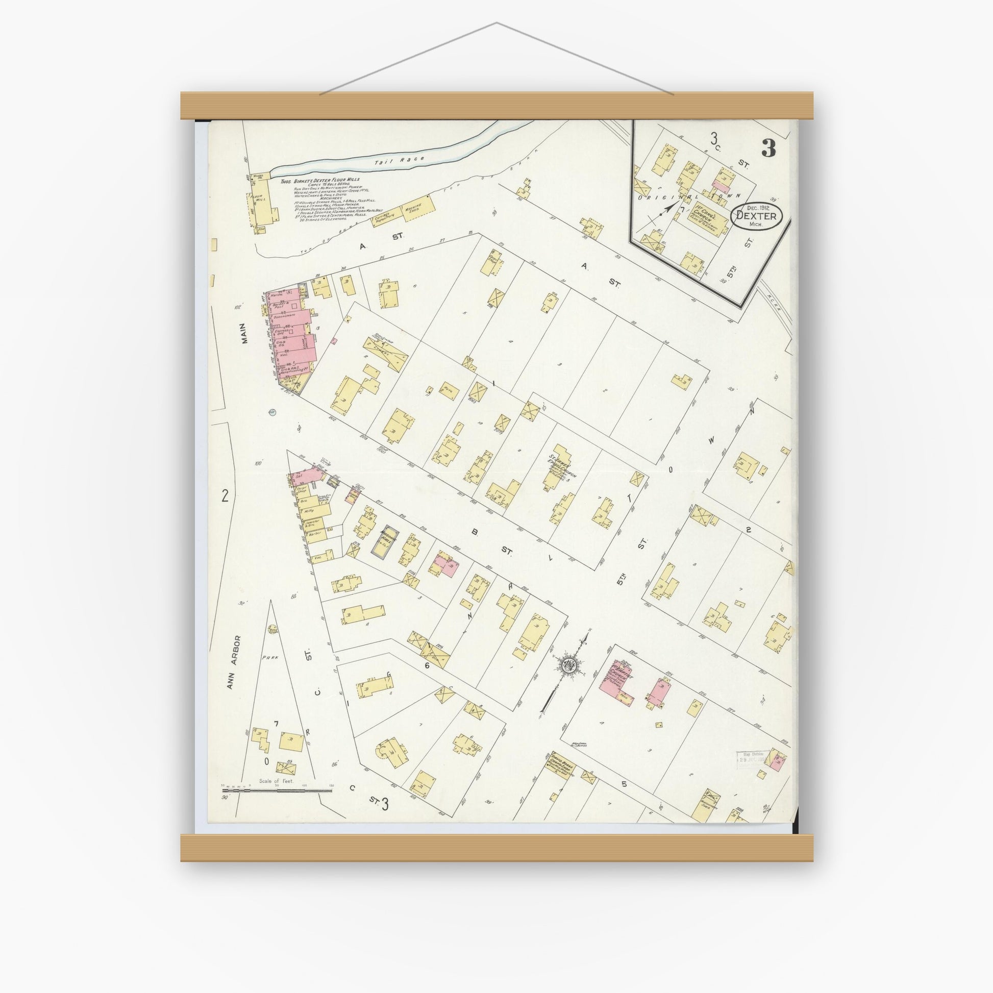 Old map wall art mockup — magnetic wood frame on white wall — Sanborn Fire Insurance Map from Dexter, Washtenaw County, Michigan (1912), Sheet #0003