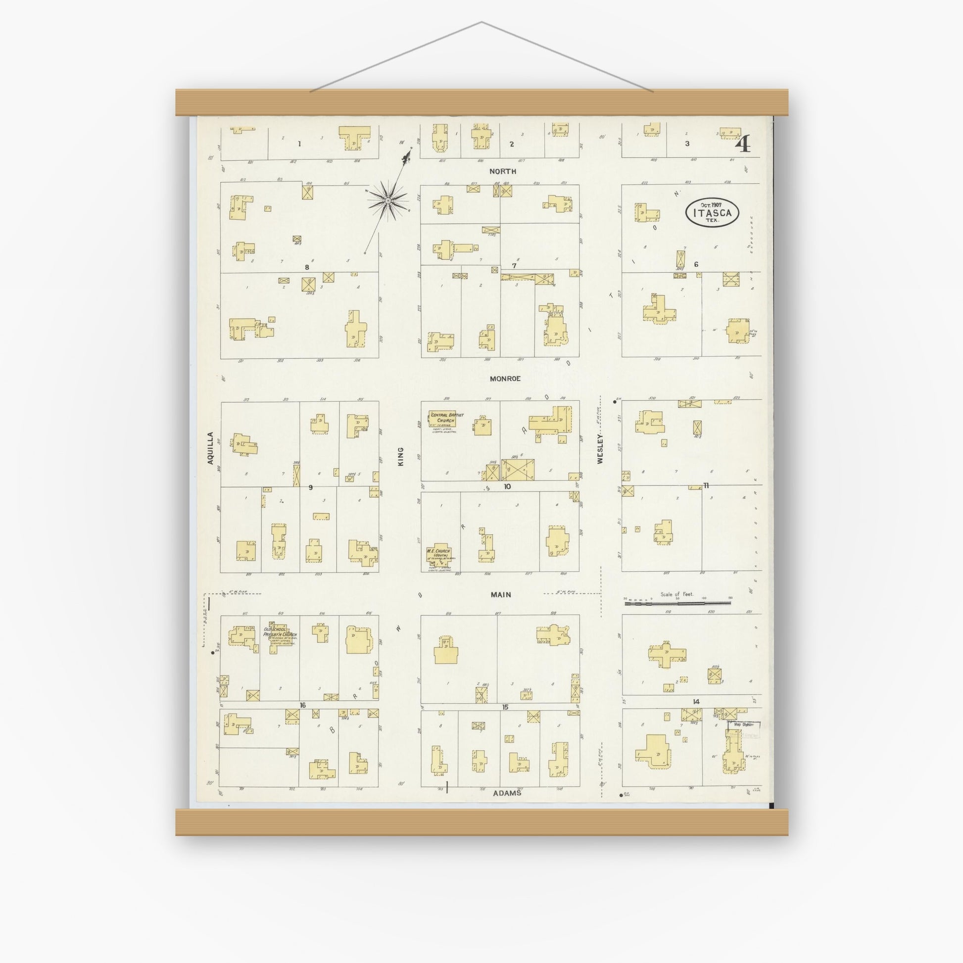 Old map wall art mockup — magnetic wood frame on white wall — Sanborn Fire Insurance Map from Itasca, Hill County, Texas (1907), Sheet #0004