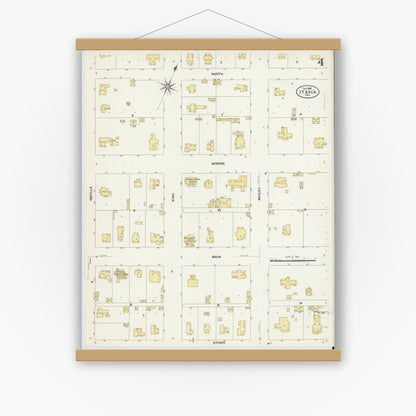Old map wall art mockup — magnetic wood frame on white wall — Sanborn Fire Insurance Map from Itasca, Hill County, Texas (1907), Sheet #0004