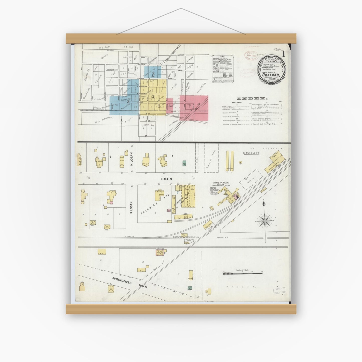 Old map wall art mockup — magnetic wood frame on white wall — Sanborn Fire Insurance Map from Oakland, Coles County, Illinois (1899) - Complete Map Set