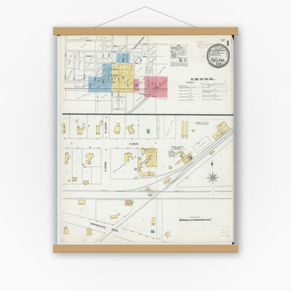 Old map wall art mockup — magnetic wood frame on white wall — Sanborn Fire Insurance Map from Oakland, Coles County, Illinois (1899) - Complete Map Set
