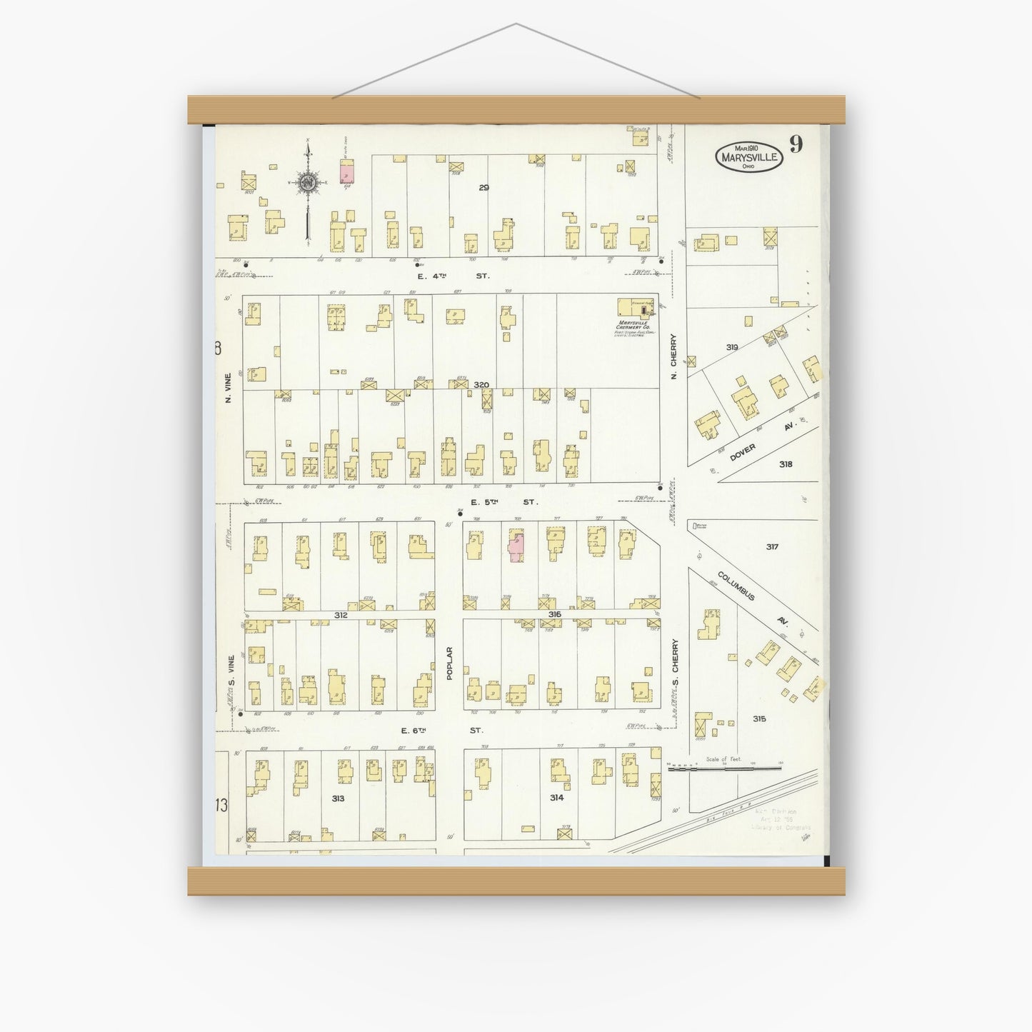 Old map wall art mockup — magnetic wood frame on white wall — Sanborn Fire Insurance Map from Marysville, Union County, Ohio (1910), Sheet #0009