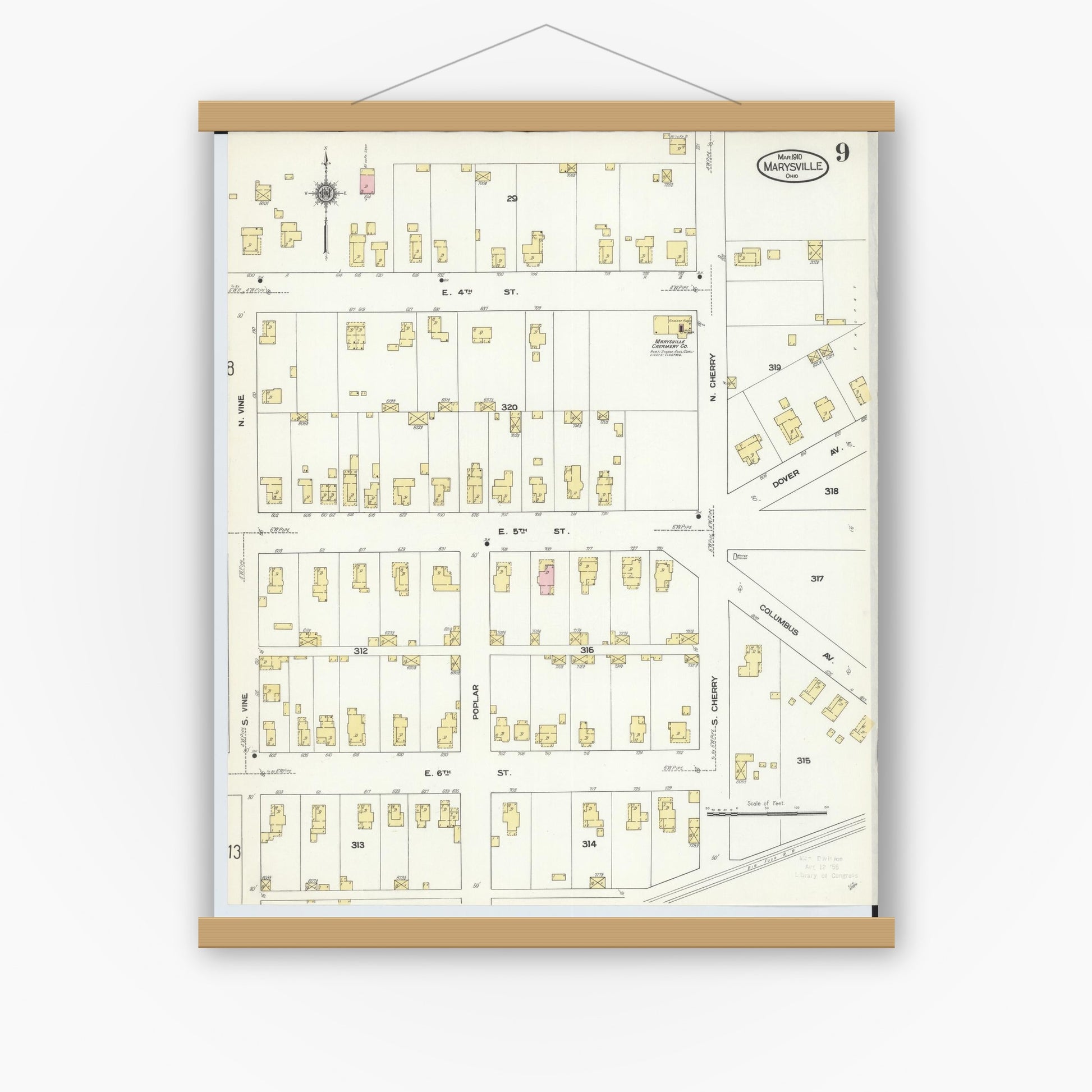 Old map wall art mockup — magnetic wood frame on white wall — Sanborn Fire Insurance Map from Marysville, Union County, Ohio (1910), Sheet #0009