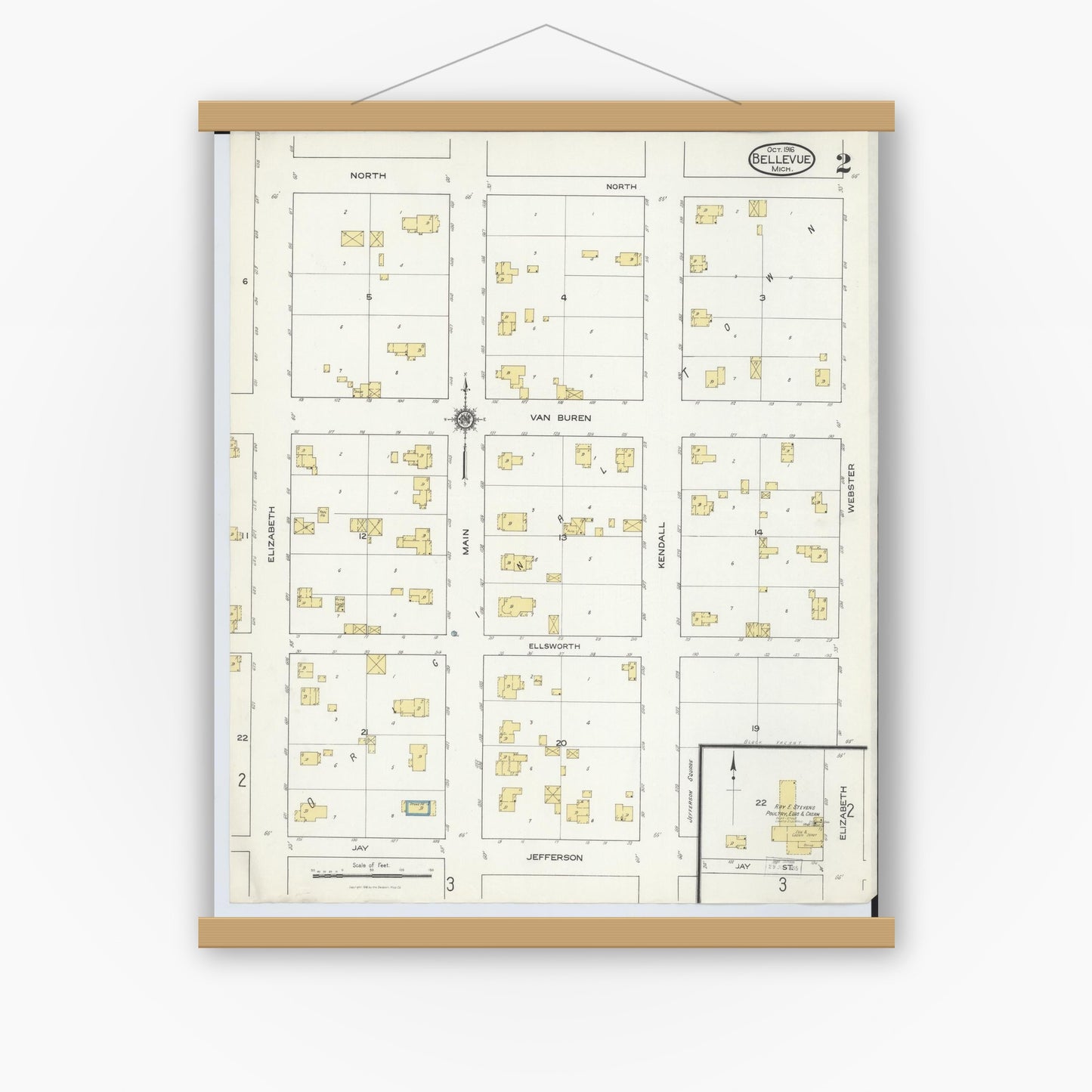 Old map wall art mockup — magnetic wood frame on white wall — Sanborn Fire Insurance Map from Bellevue, Eaton County, Michigan (1916), Sheet #0002