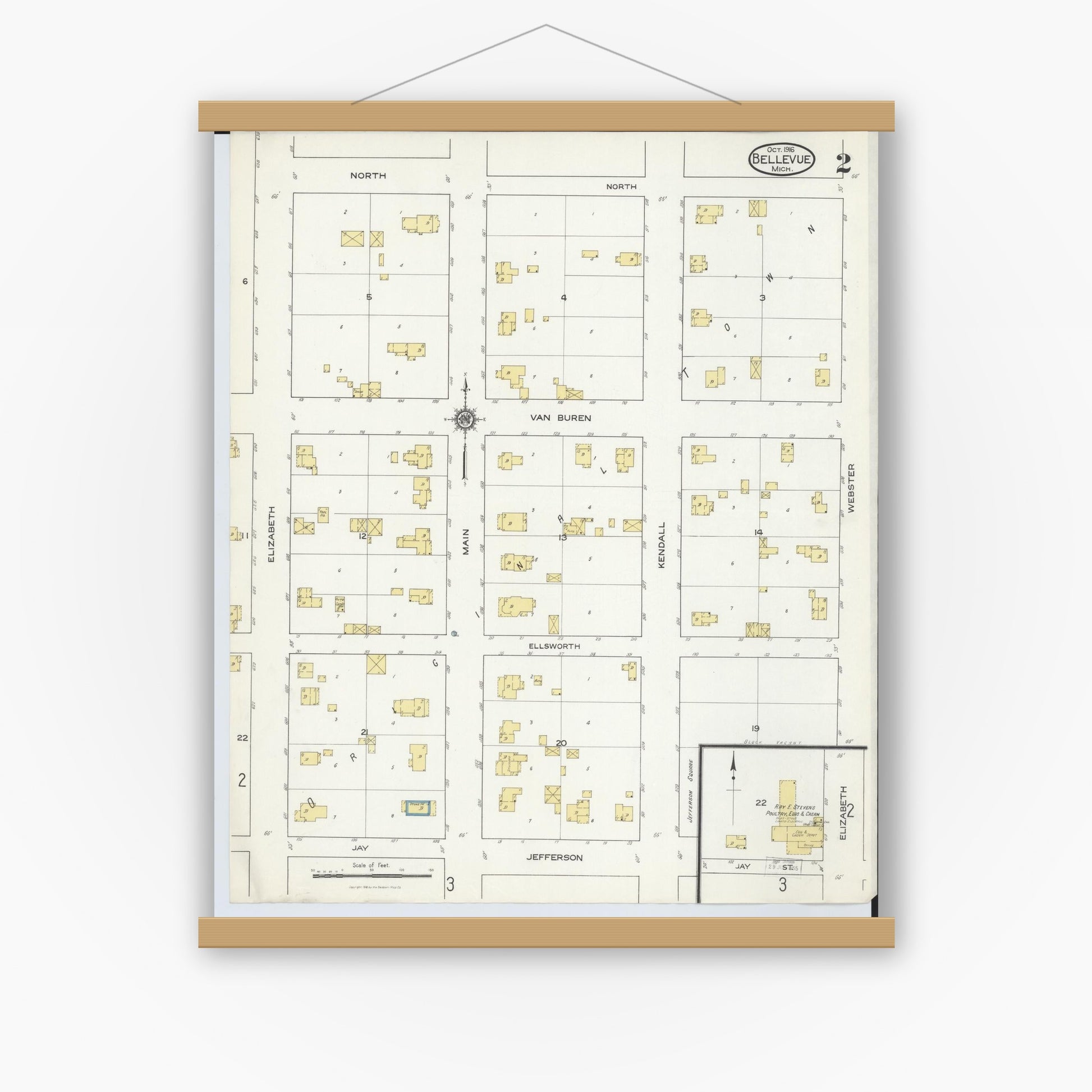 Old map wall art mockup — magnetic wood frame on white wall — Sanborn Fire Insurance Map from Bellevue, Eaton County, Michigan (1916), Sheet #0002