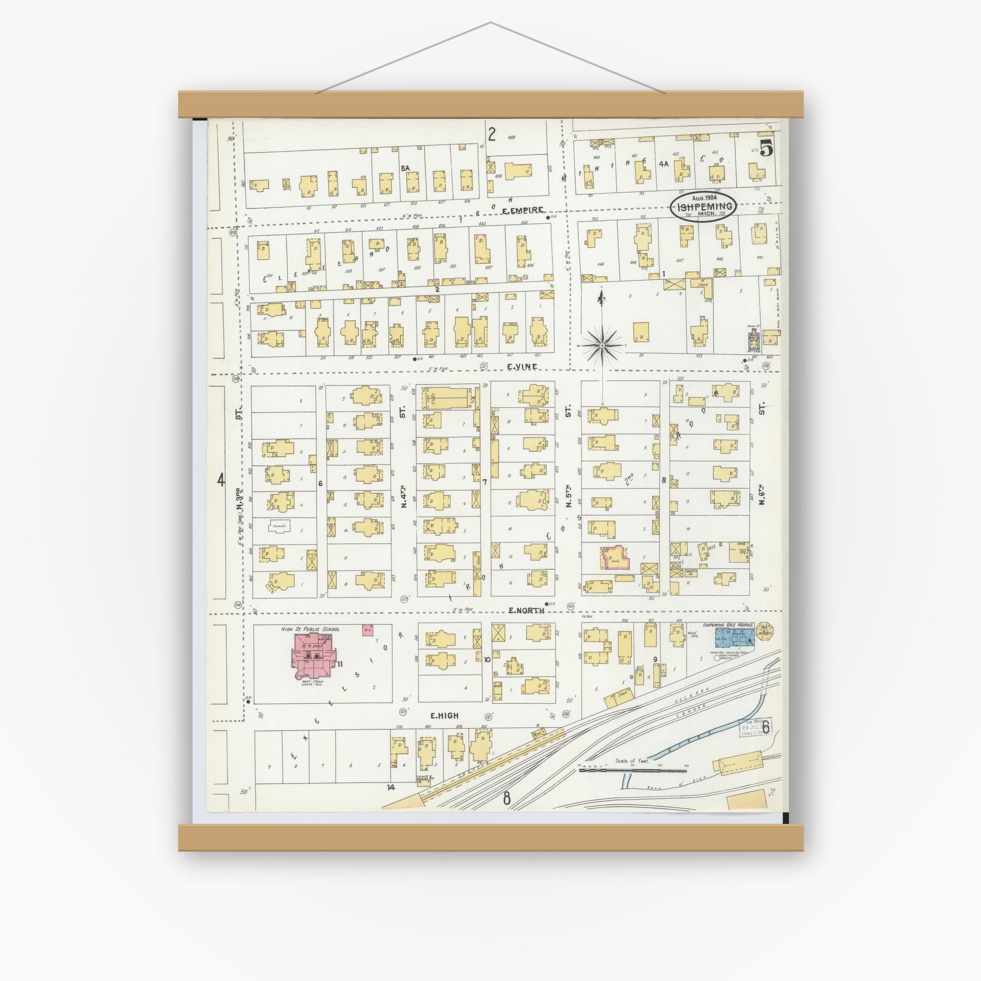Old map wall art mockup — magnetic wood frame on white wall — Sanborn Fire Insurance Map from Ishpeming, Marquette County, Michigan (1904), Sheet #0005