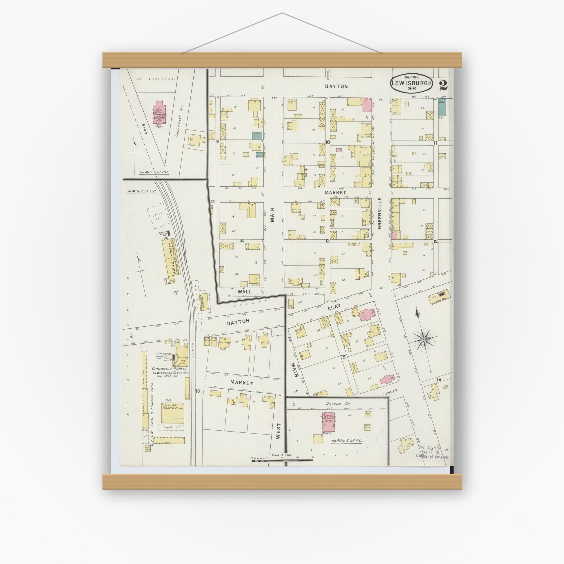 Old map wall art mockup — magnetic wood frame on white wall — Sanborn Fire Insurance Map from Lewisburg, Preble County, Ohio (1895), Sheet #0002