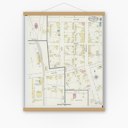 Old map wall art mockup — magnetic wood frame on white wall — Sanborn Fire Insurance Map from Lewisburg, Preble County, Ohio (1895), Sheet #0002