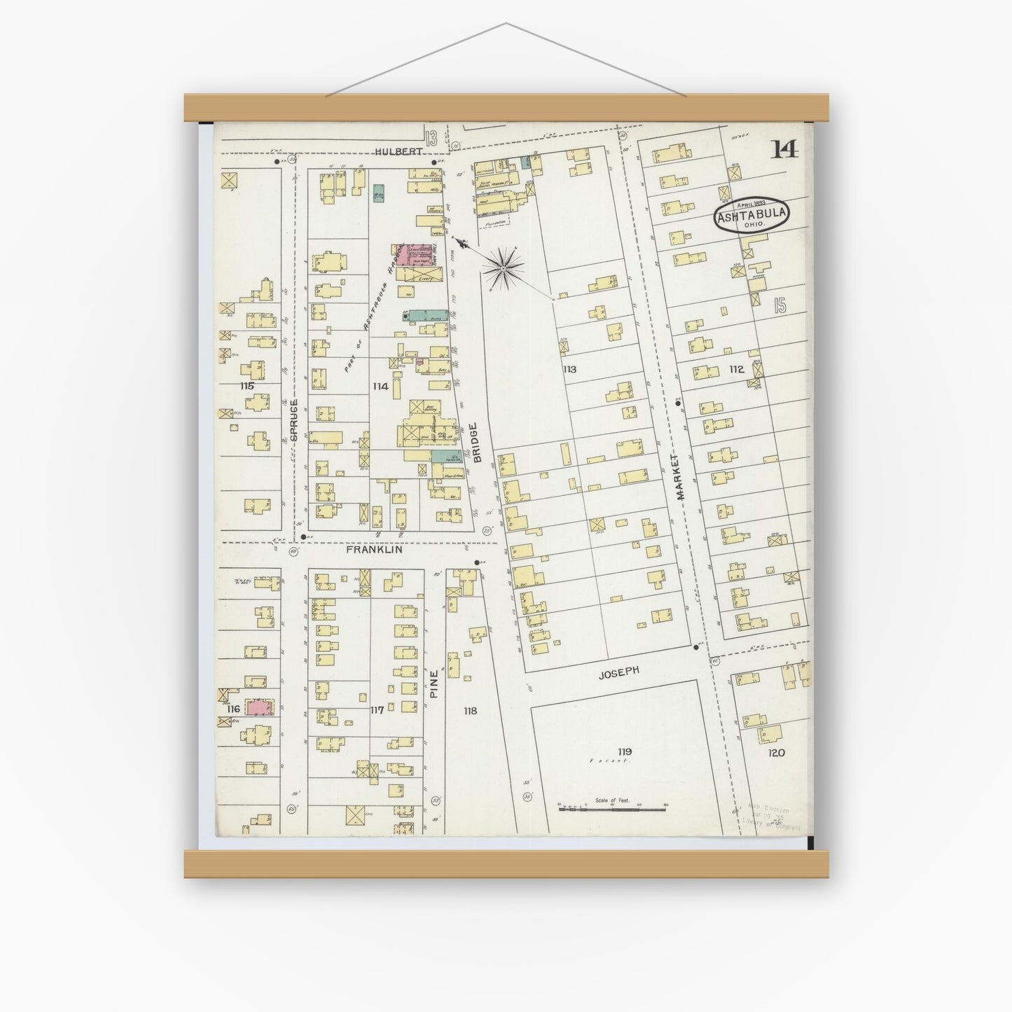 Old map wall art mockup — magnetic wood frame on white wall — Sanborn Fire Insurance Map from Ashtabula, Ashtabula County, Ohio (1893), Sheet #0014