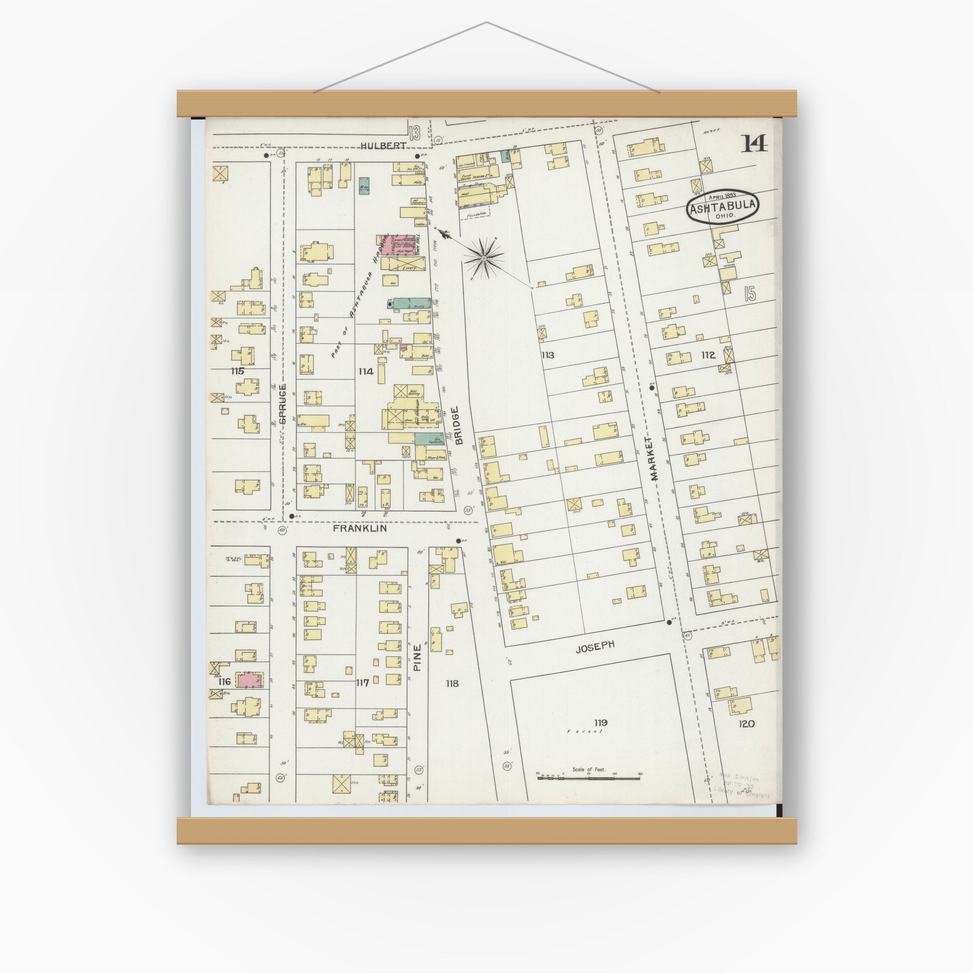 Old map wall art mockup — magnetic wood frame on white wall — Sanborn Fire Insurance Map from Ashtabula, Ashtabula County, Ohio (1893), Sheet #0014