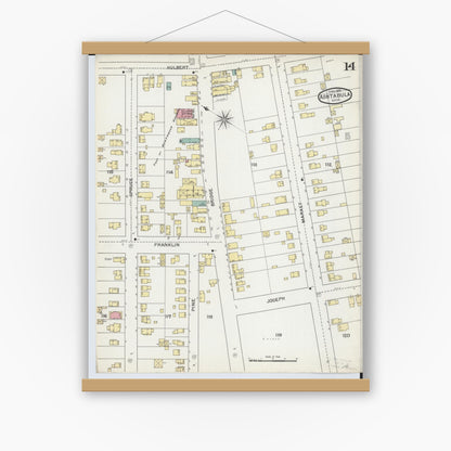 Old map wall art mockup — magnetic wood frame on white wall — Sanborn Fire Insurance Map from Ashtabula, Ashtabula County, Ohio (1893), Sheet #0014