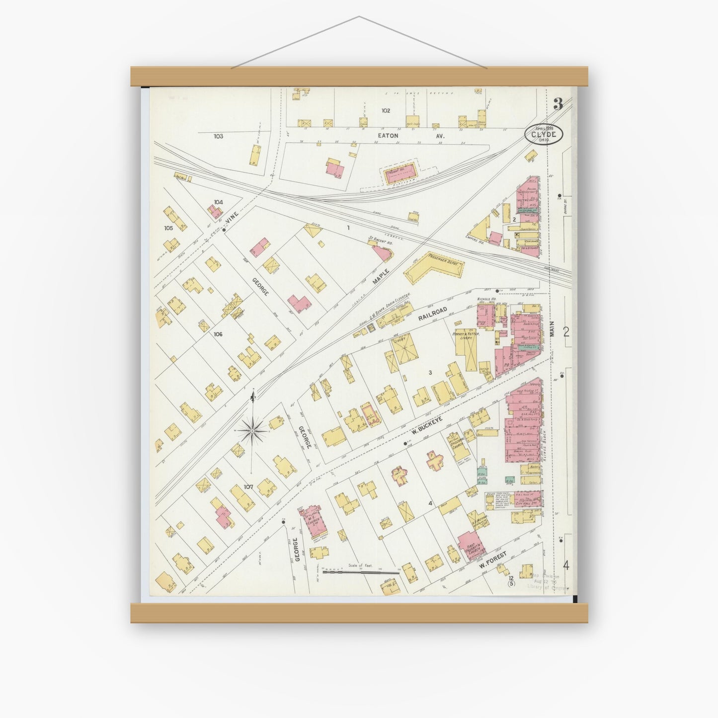 Old map wall art mockup — magnetic wood frame on white wall — Sanborn Fire Insurance Map from Clyde, Sandusky County, Ohio (1899), Sheet #0003