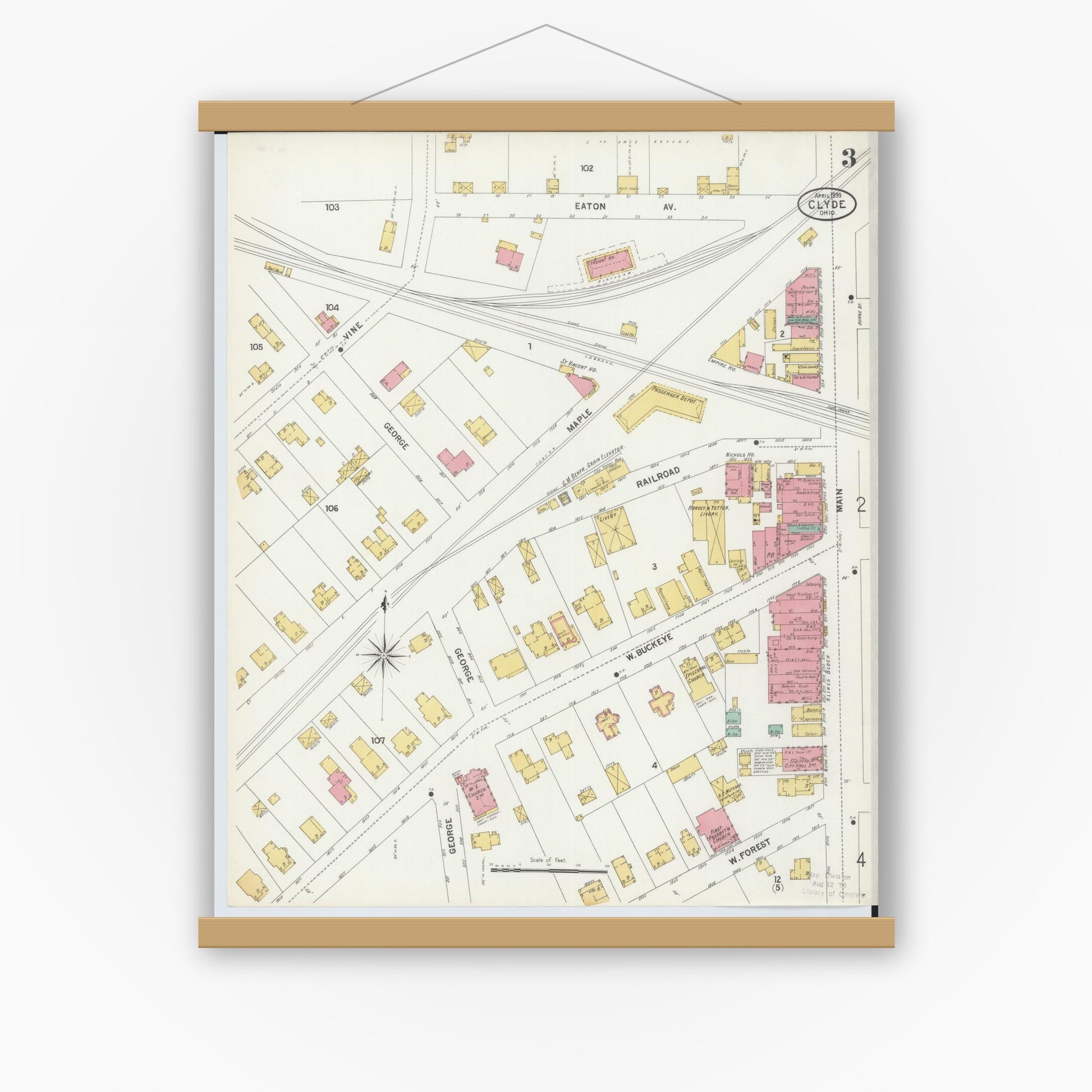 Old map wall art mockup — magnetic wood frame on white wall — Sanborn Fire Insurance Map from Clyde, Sandusky County, Ohio (1899), Sheet #0003