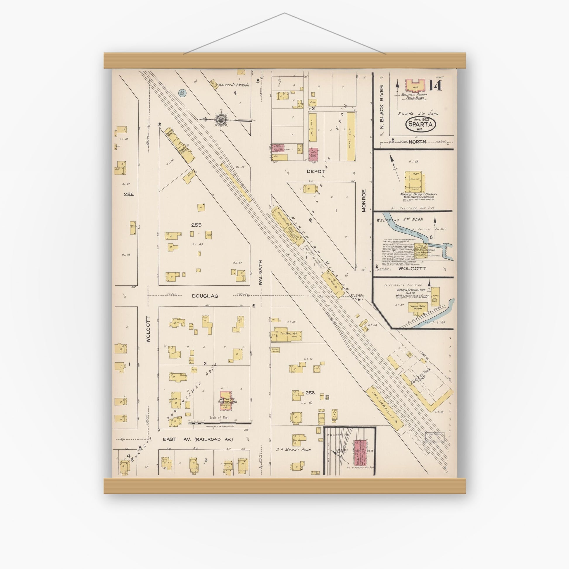 Old map wall art mockup — magnetic wood frame on white wall — Sanborn Fire Insurance Map from Sparta, Monroe County, Wisconsin (1922), Sheet #0014