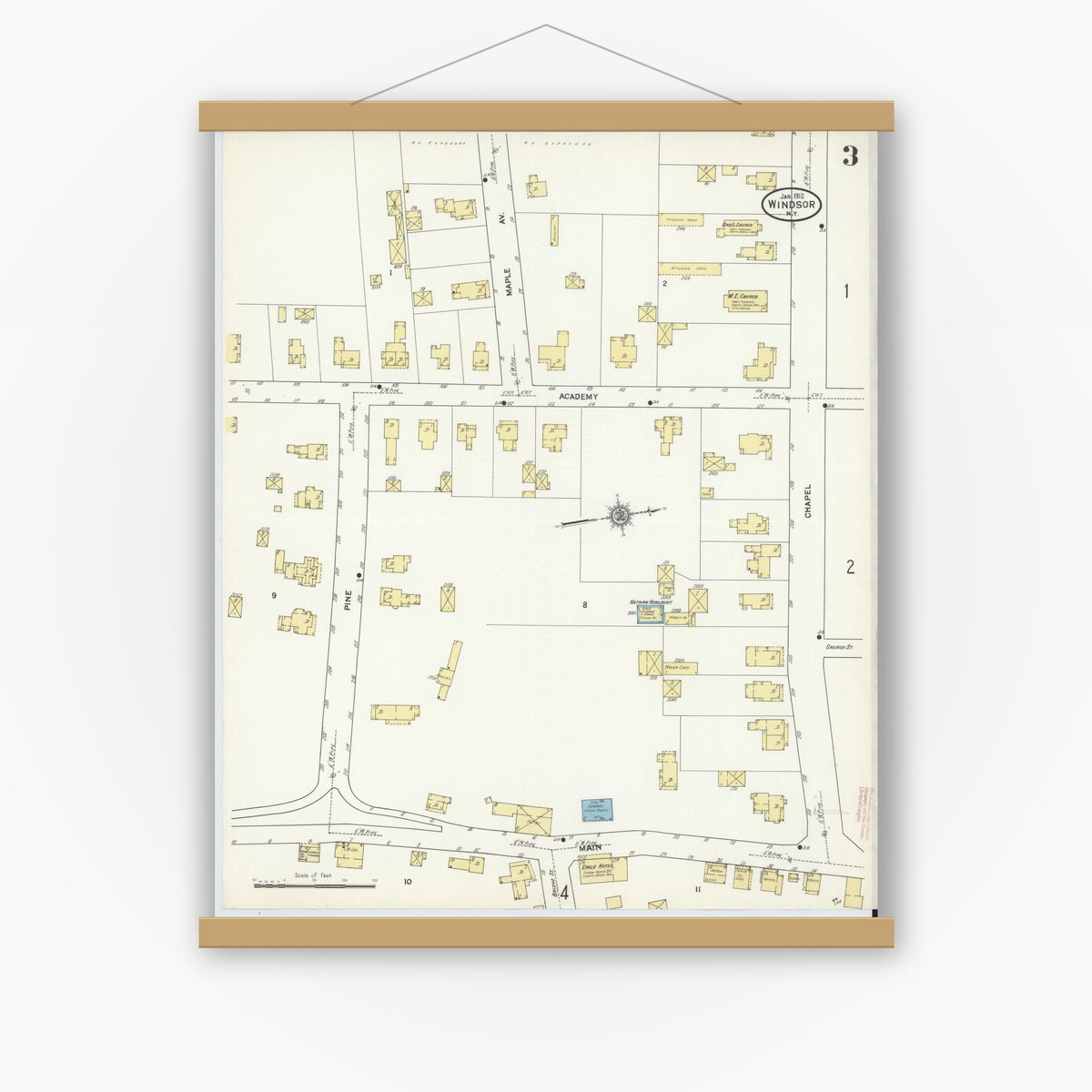 Old map wall art mockup — magnetic wood frame on white wall — Sanborn Fire Insurance Map from Windsor, Broome County, New York (1912), Sheet #0003