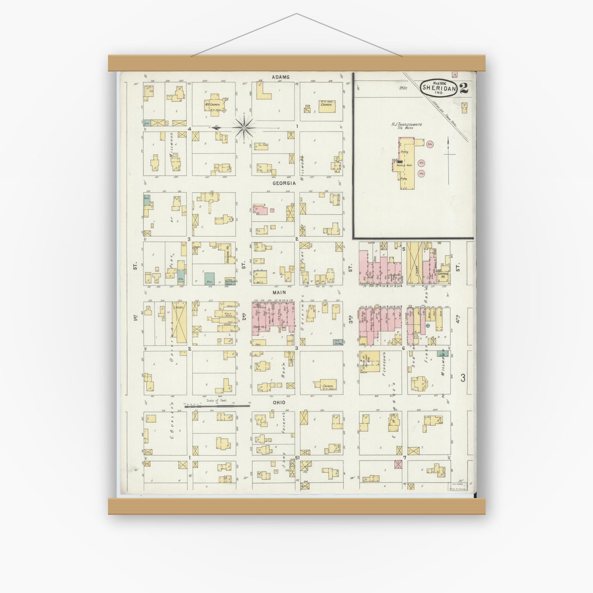 Old map wall art mockup — magnetic wood frame on white wall — Sanborn Fire Insurance Map from Sheridan, Hamilton County, Indiana (1896), Sheet #0002