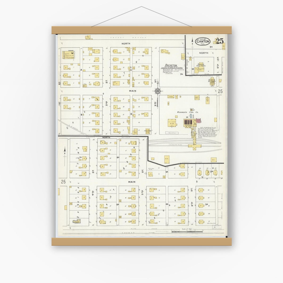 Old map wall art mockup — magnetic wood frame on white wall — Sanborn Fire Insurance Map from Canton, Fulton County, Illinois (1917), Sheet #0025