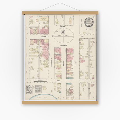 Old map wall art mockup — magnetic wood frame on white wall — Sanborn Fire Insurance Map from Owatonna, Steele County, Minnesota (1884) - Complete Map Set