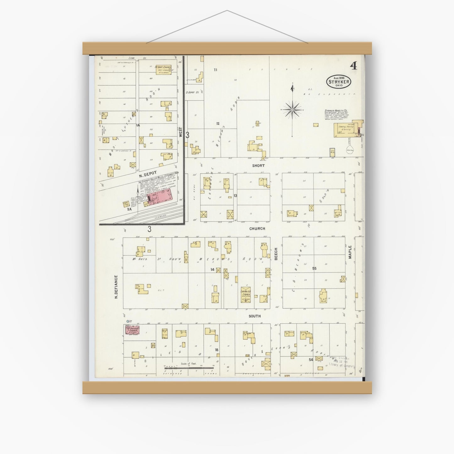 Old map wall art mockup — magnetic wood frame on white wall — Sanborn Fire Insurance Map from Stryker, Williams County, Ohio (1899), Sheet #0004