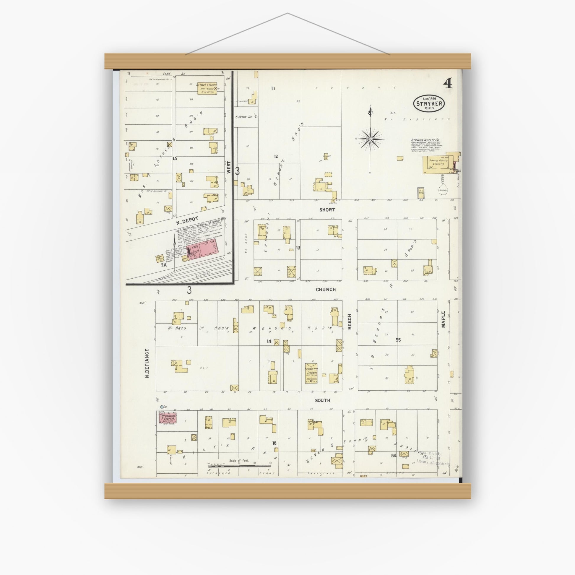 Old map wall art mockup — magnetic wood frame on white wall — Sanborn Fire Insurance Map from Stryker, Williams County, Ohio (1899), Sheet #0004