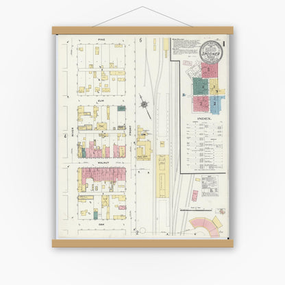 Old map wall art mockup — magnetic wood frame on white wall — Sanborn Fire Insurance Map from Spooner, Washburn County, Wisconsin (1909) - Complete Map Set