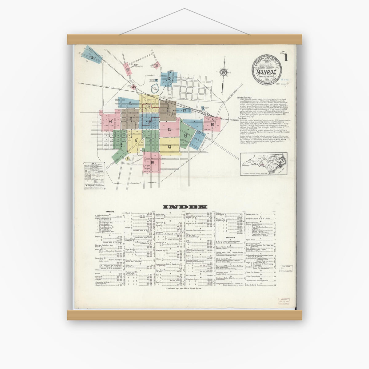 Old map wall art mockup — magnetic wood frame on white wall — Sanborn Fire Insurance Map from Monroe, Union County, North Carolina (1914), Sheet #0001
