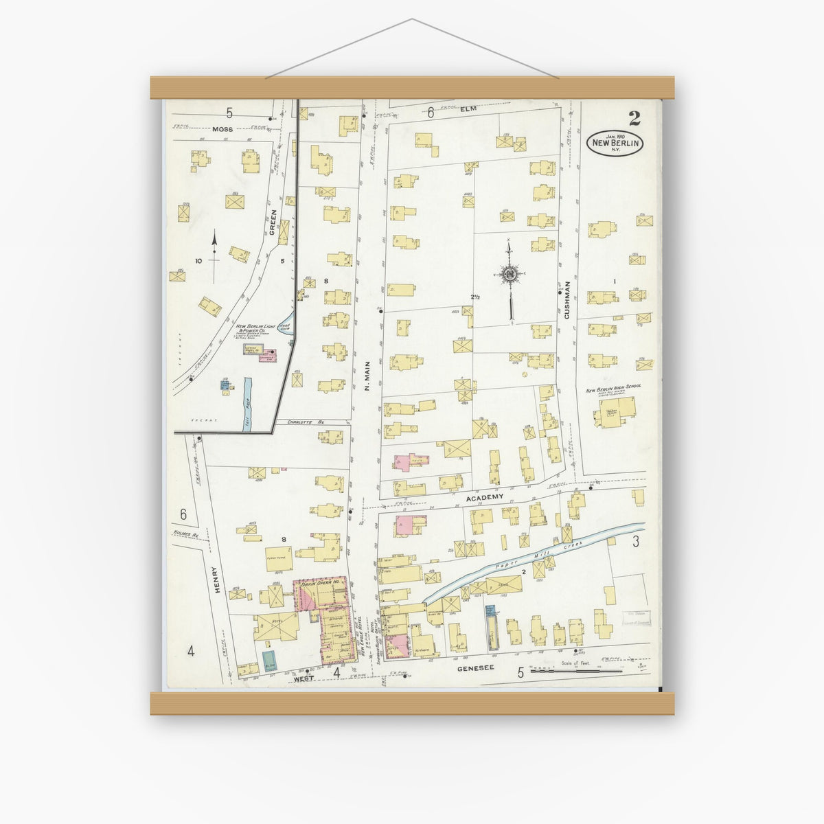Old map wall art mockup — magnetic wood frame on white wall — Sanborn Fire Insurance Map from New Berlin, Chenango County, New York (1910), Sheet #0002