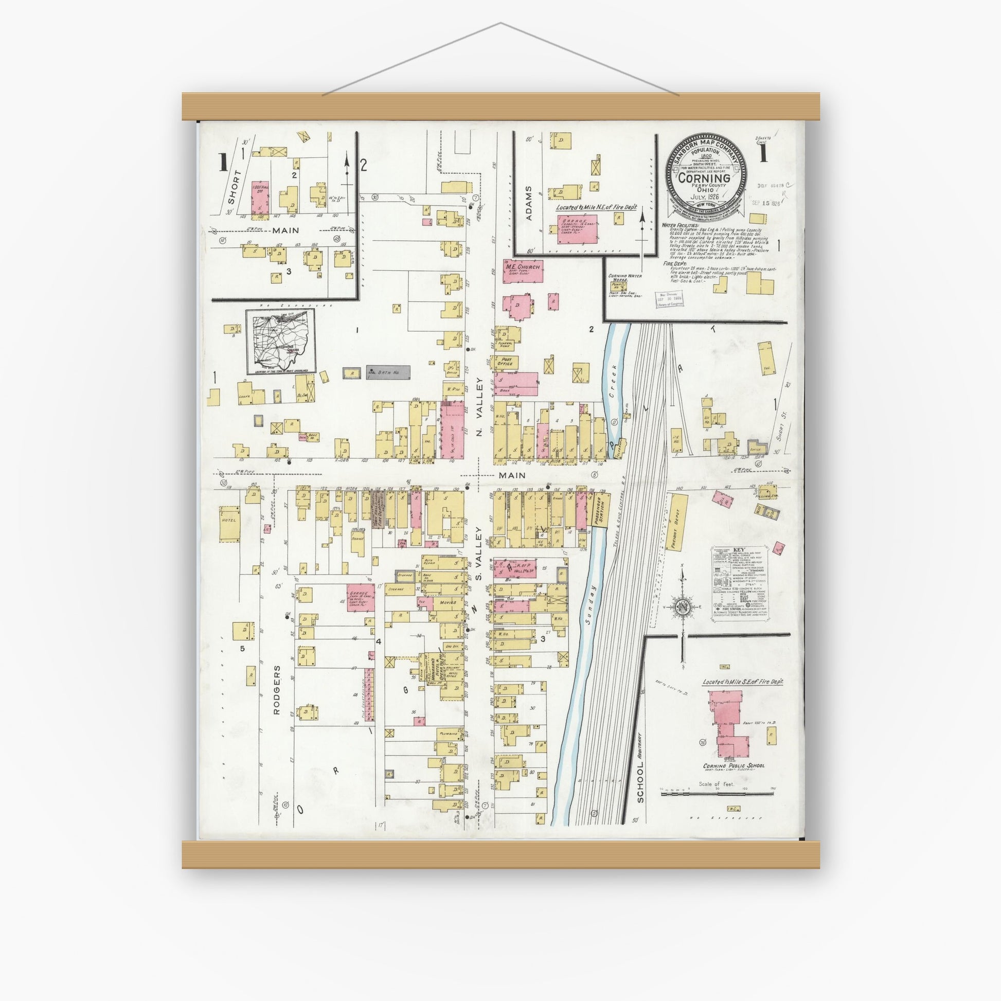 Old map wall art mockup — magnetic wood frame on white wall — Sanborn Fire Insurance Map from Corning, Perry County, Ohio (1926) - Complete Map Set