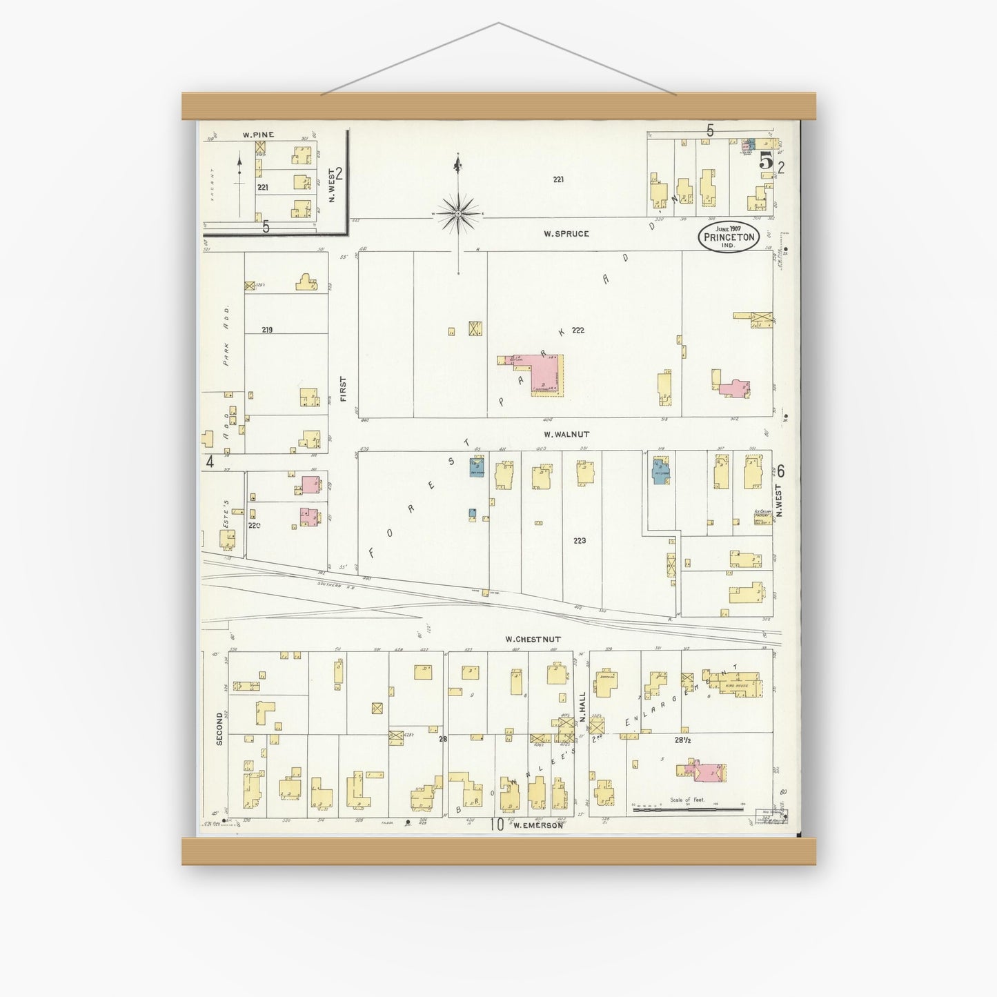 Old map wall art mockup — magnetic wood frame on white wall — Sanborn Fire Insurance Map from Princeton, Gibson County, Indiana (1907), Sheet #0005