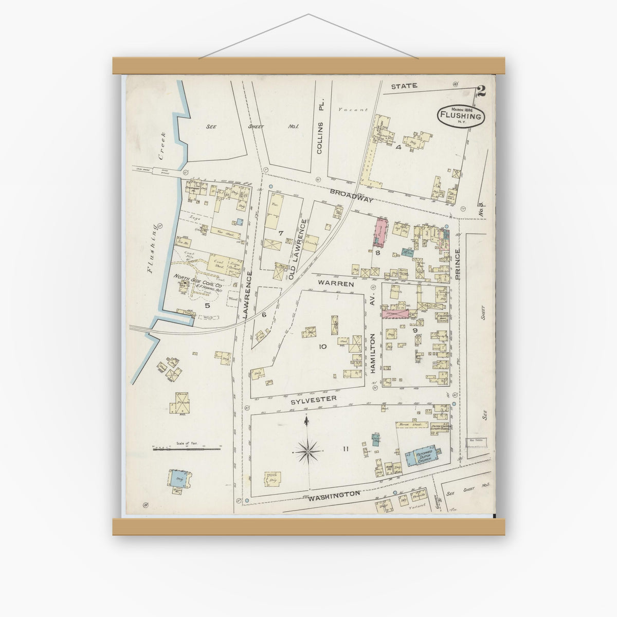 Old map wall art mockup — magnetic wood frame on white wall — Sanborn Fire Insurance Map from Flushing, Queens County, New York (1886), Sheet #0002