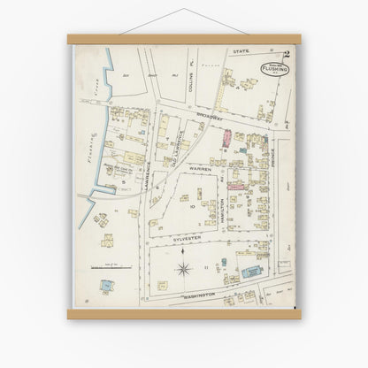 Old map wall art mockup — magnetic wood frame on white wall — Sanborn Fire Insurance Map from Flushing, Queens County, New York (1886), Sheet #0002