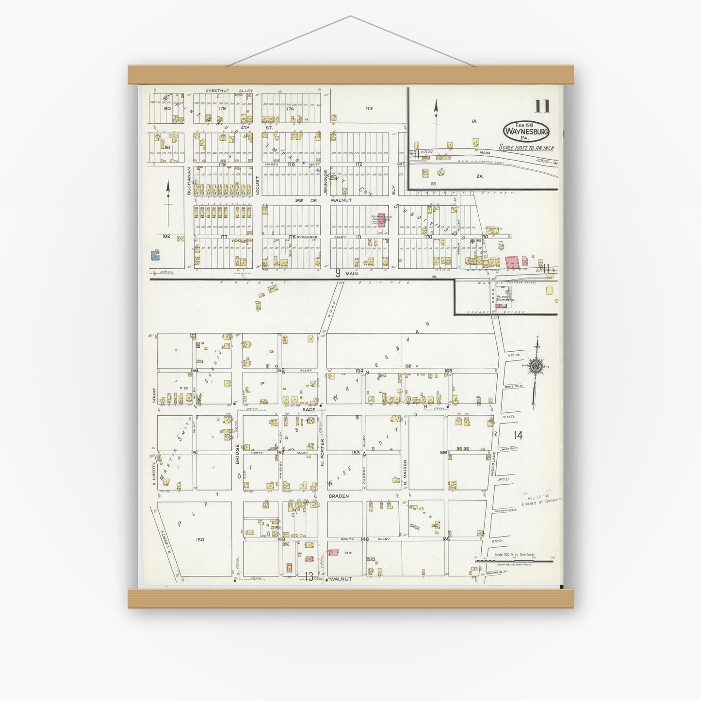 Old map wall art mockup — magnetic wood frame on white wall — Sanborn Fire Insurance Map from Waynesburg, Greene County, Pennsylvania (1918), Sheet #0011