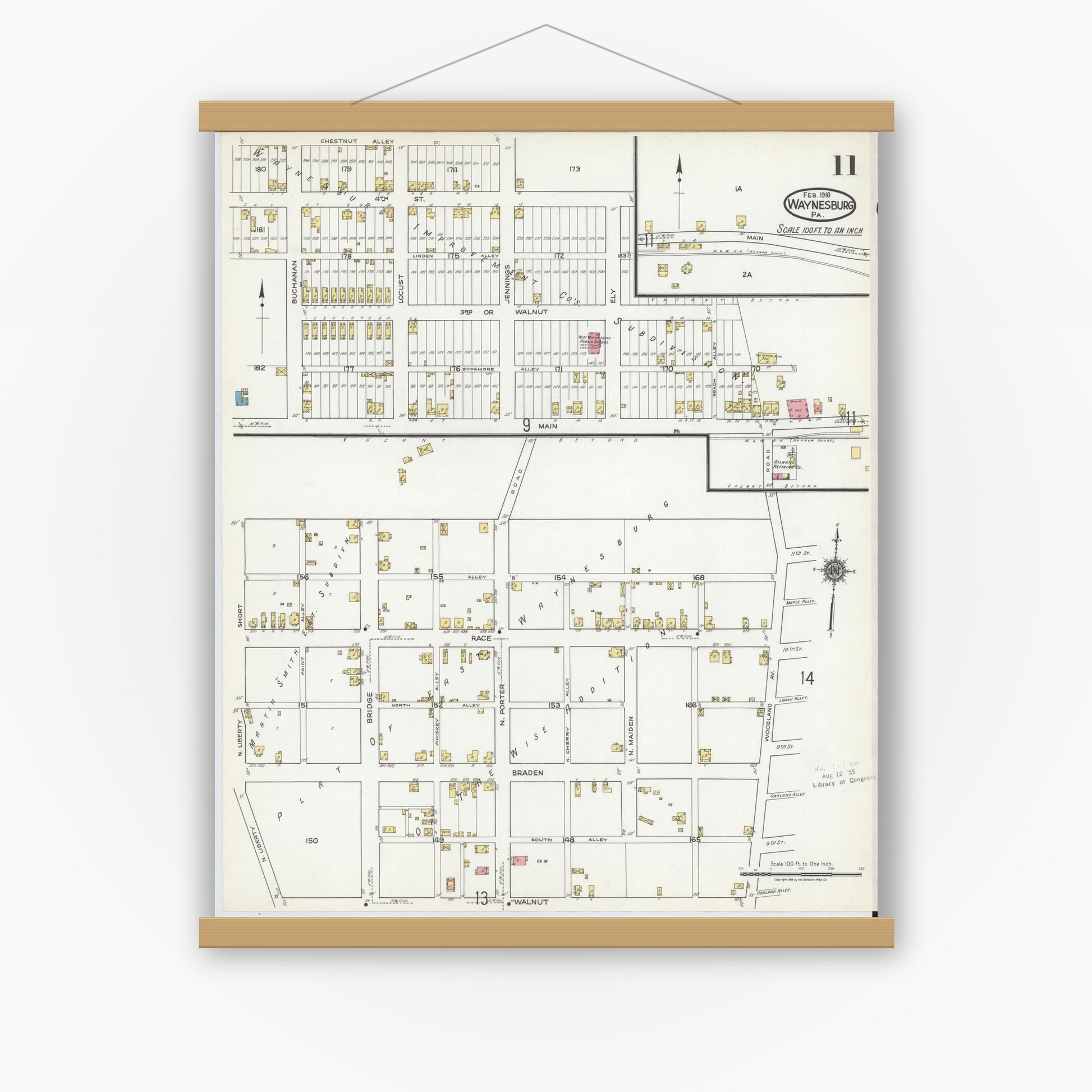 Old map wall art mockup — magnetic wood frame on white wall — Sanborn Fire Insurance Map from Waynesburg, Greene County, Pennsylvania (1918), Sheet #0011