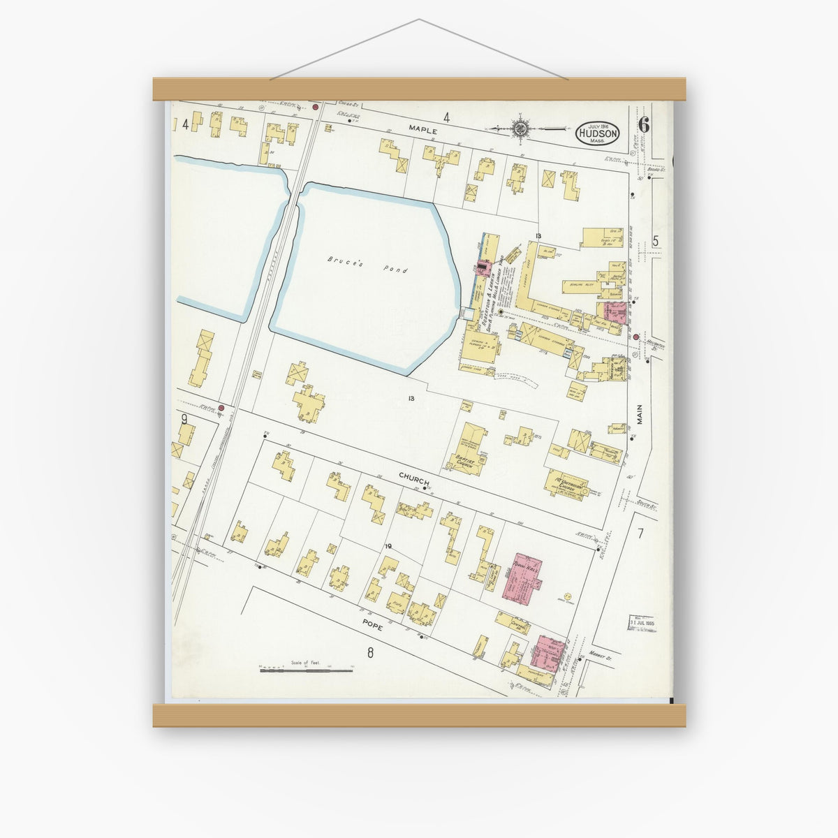 Old map wall art mockup — magnetic wood frame on white wall — Sanborn Fire Insurance Map from Hudson, Middlesex County, Massachusetts (1916), Sheet #0006