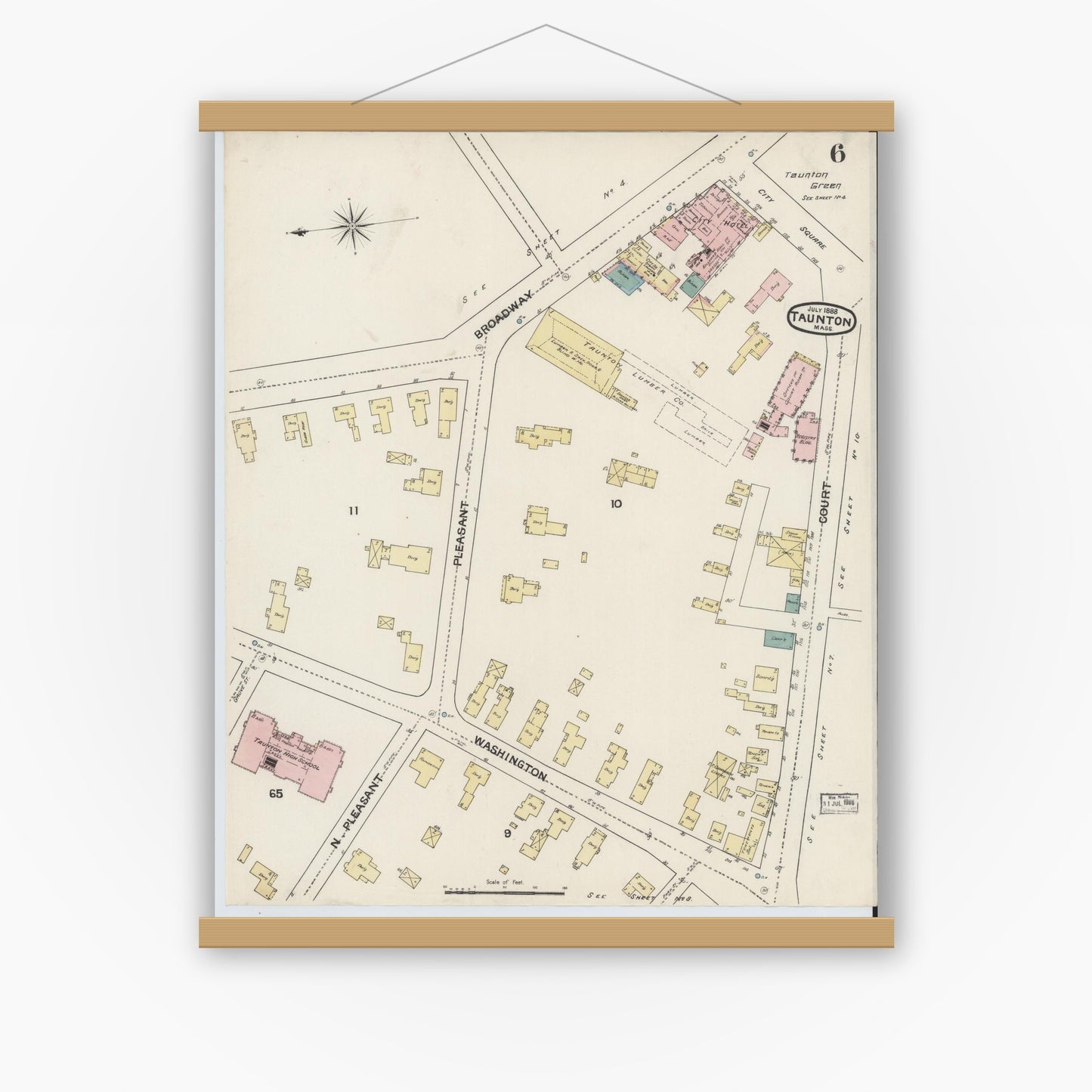 Old map wall art mockup — magnetic wood frame on white wall — Sanborn Fire Insurance Map from Taunton, Bristol County, Massachusetts (1888), Sheet #0006