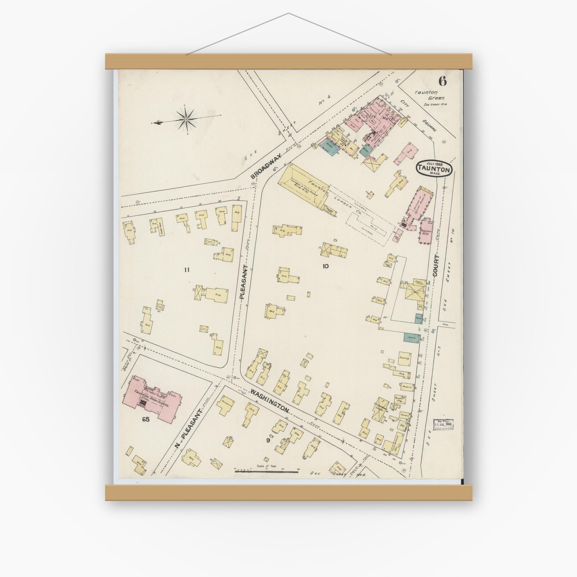 Old map wall art mockup — magnetic wood frame on white wall — Sanborn Fire Insurance Map from Taunton, Bristol County, Massachusetts (1888), Sheet #0006