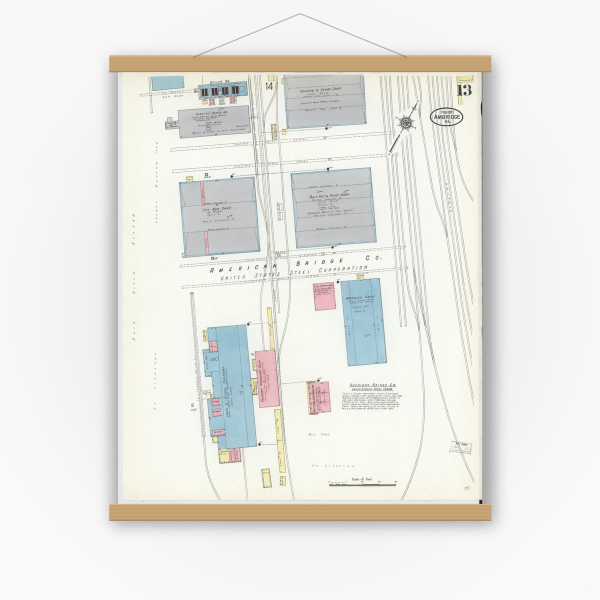 Old map wall art mockup — magnetic wood frame on white wall — Sanborn Fire Insurance Map from Ambridge, Beaver County, Pennsylvania (1911), Sheet #0013