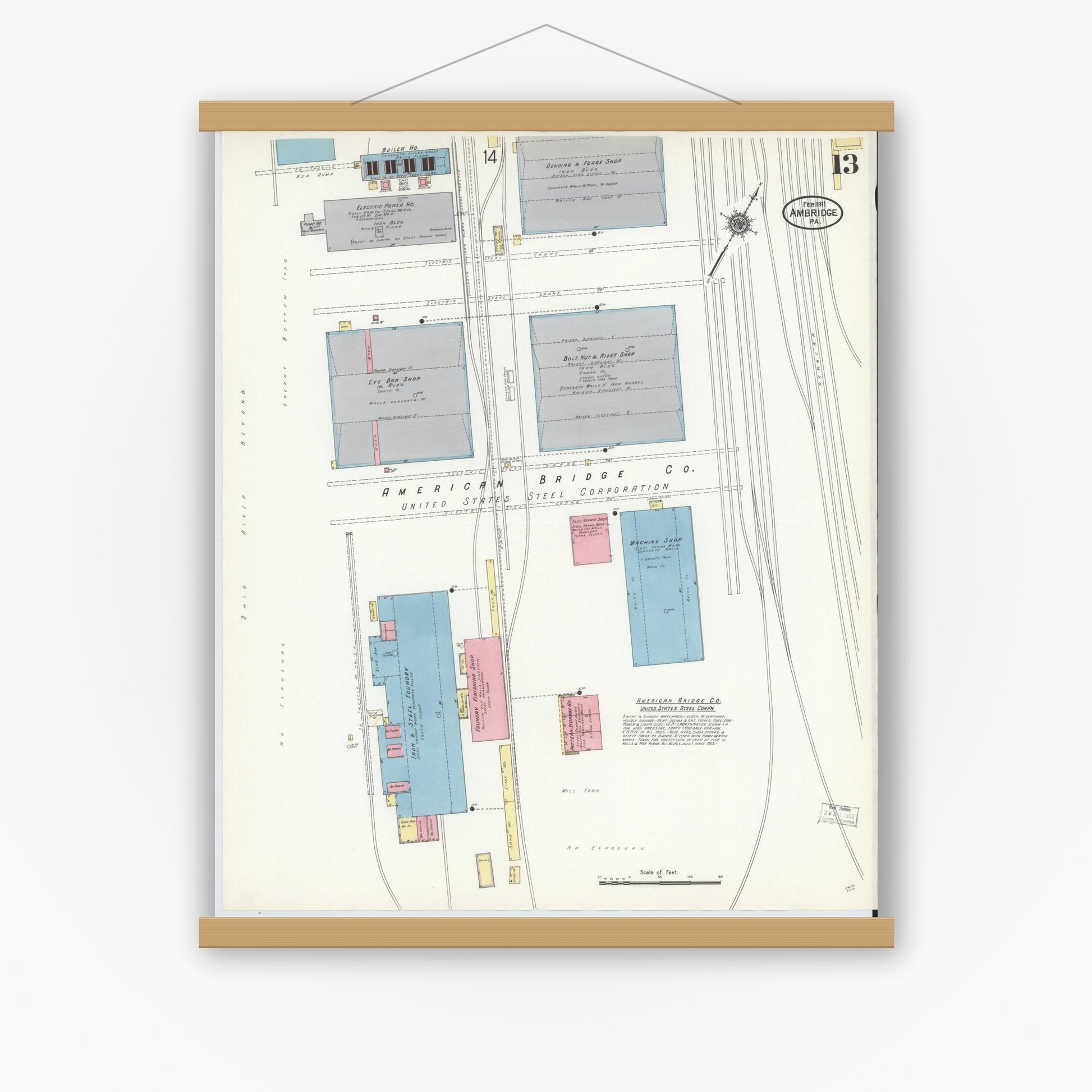 Old map wall art mockup — magnetic wood frame on white wall — Sanborn Fire Insurance Map from Ambridge, Beaver County, Pennsylvania (1911), Sheet #0013