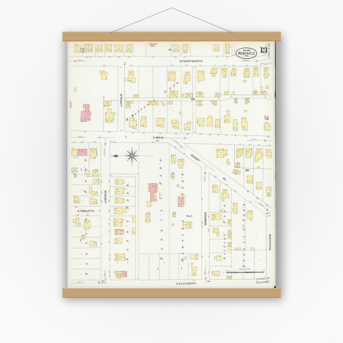 Old map wall art mockup — magnetic wood frame on white wall — Sanborn Fire Insurance Map from New Castle, Henry County, Indiana (1908), Sheet #0013