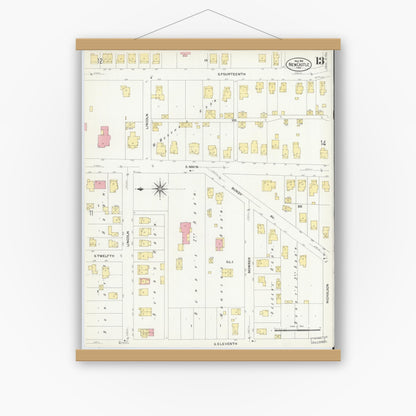 Old map wall art mockup — magnetic wood frame on white wall — Sanborn Fire Insurance Map from New Castle, Henry County, Indiana (1908), Sheet #0013