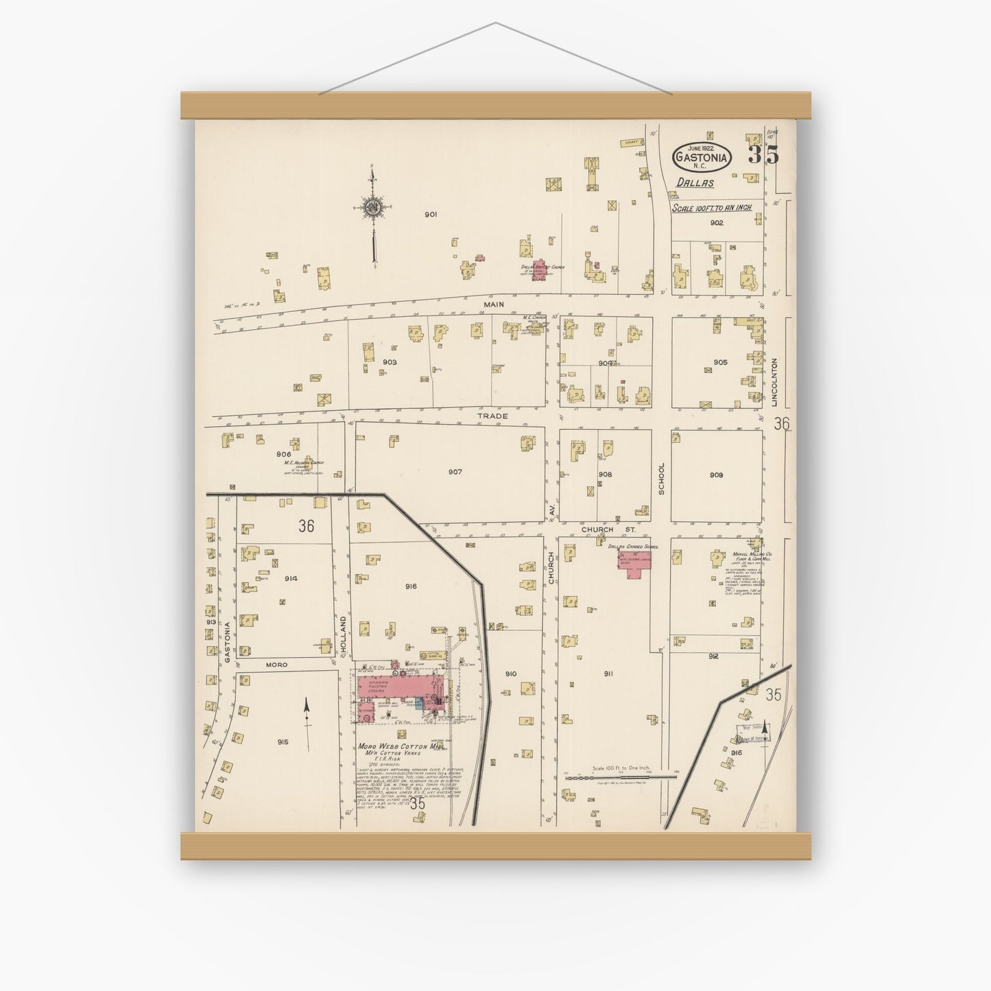 Old map wall art mockup — magnetic wood frame on white wall — Sanborn Fire Insurance Map from Gastonia, Gaston County, North Carolina (1922), Sheet #0035