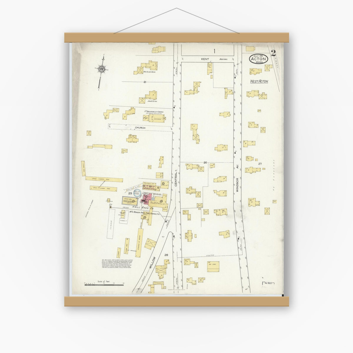 Old map wall art mockup — magnetic wood frame on white wall — Sanborn Fire Insurance Map from Acton, Middlesex County, Massachusetts (1916), Sheet #0002