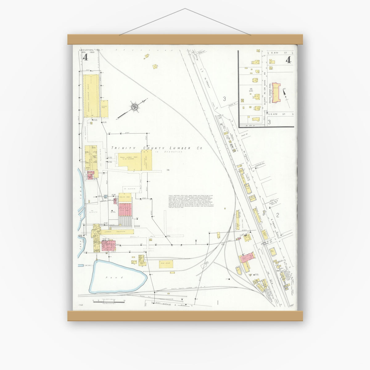 Old map wall art mockup — magnetic wood frame on white wall — Sanborn Fire Insurance Map from Groveton, Trinity County, Texas (1933), Sheet #0004