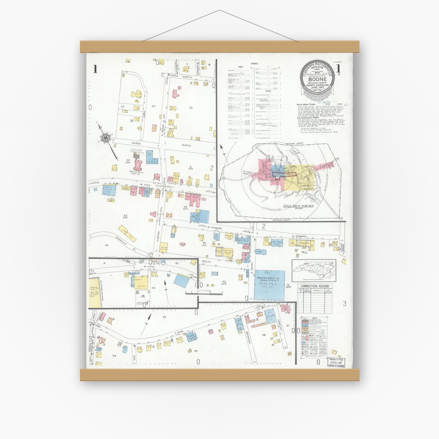 Old map wall art mockup — magnetic wood frame on white wall — Sanborn Fire Insurance Map from Boone, Watauga County, North Carolina (1947) - Complete Map Set