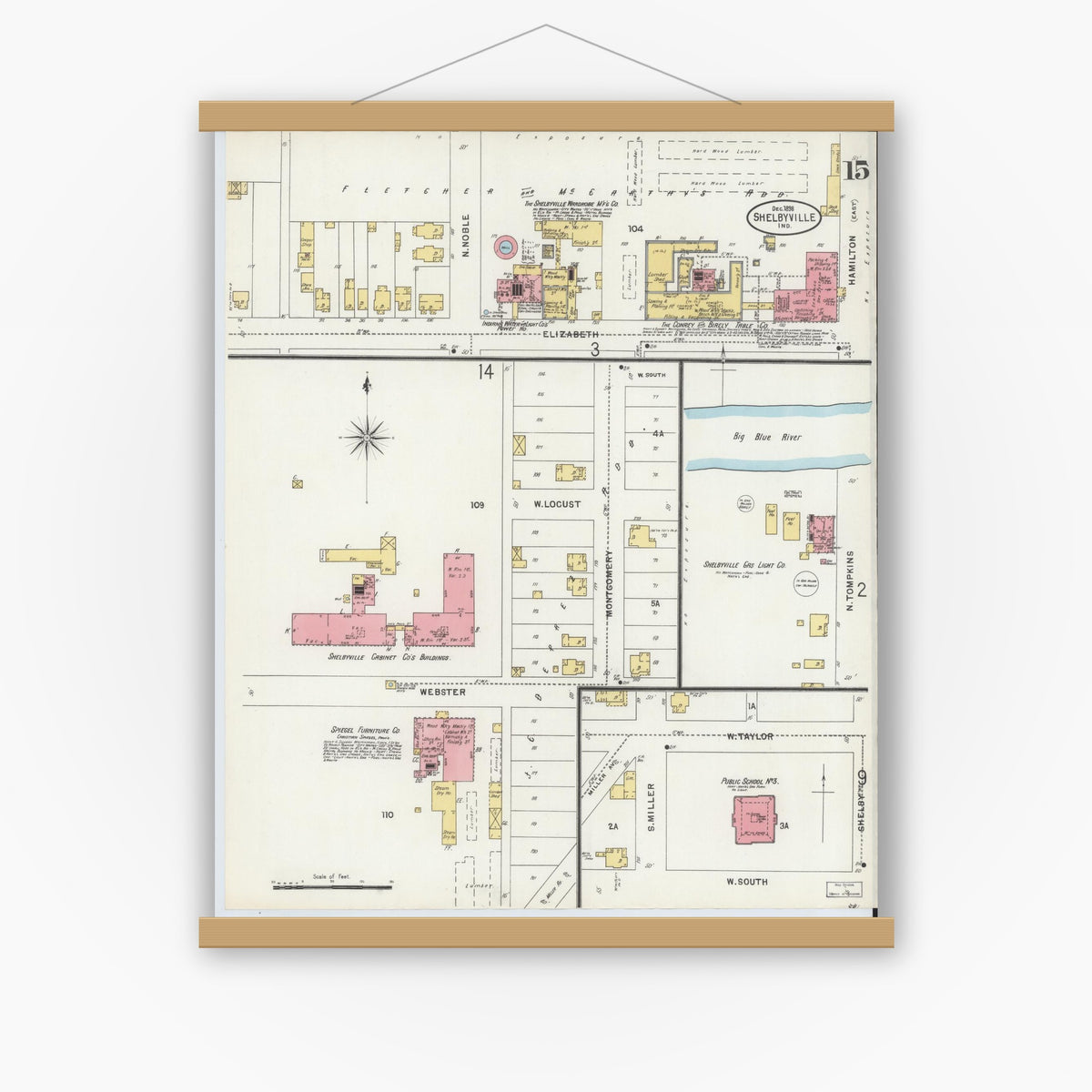 Old map wall art mockup — magnetic wood frame on white wall — Sanborn Fire Insurance Map from Shelbyville, Shelby County, Indiana (1898), Sheet #0015