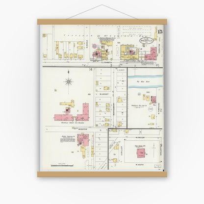 Old map wall art mockup — magnetic wood frame on white wall — Sanborn Fire Insurance Map from Shelbyville, Shelby County, Indiana (1898), Sheet #0015